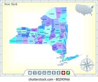 New York State Map with Community Assistance and Activates Icons Original Illustration
