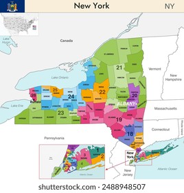 New York state map with counties borders and colored congressional districts boundaries due to The 2020 United States census and which is valid since 2023. Flag of New York. Vector