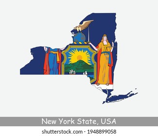 New York State Map Flag. Map of NY, USA with the state flag isolated on white background. United States, America, American, United States of America, US State. Vector illustration.