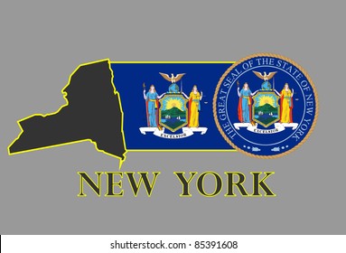 New York state map, flag, seal and name.