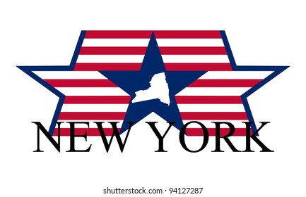 New York state map, flag, and name.