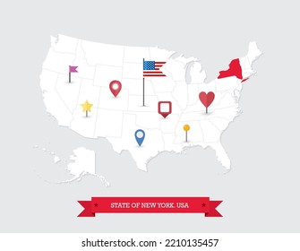 New York State map highlighted on USA map. New York State on United state of America with flag and navigation icons.