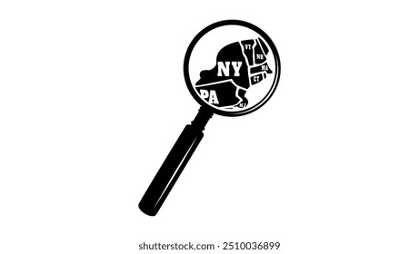 NEW YORK state map in magnifying glass, black isolated silhouette