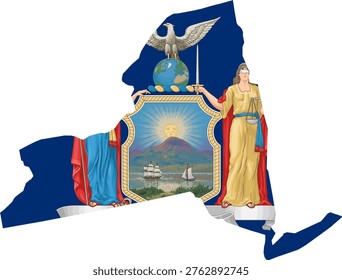 New York State Map with National Flag Design and Accurate Geographic Contours. Professional vector silhouette featuring the NY state seal and blue flag. Ideal for Albany travel guides, NYC business infographics, and Northeast USA regional news. Clean 2D minimalist graphic