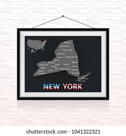 New York state map in the photo frame hanged on the wall 