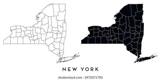 Neue York State Map of Regions Distrikte Vektorgrafik Schwarz auf Weiß und Umriss