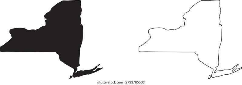 Las Nuevas siluetas de mapas del estado de York presentan una forma negra sólida y un diseño de contorno delgado sobre un fondo blanco que representa la geografía y la ubicación.