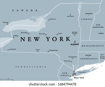 New York State (NYS), gray political map, with capital Albany, borders and important cities. State in Northeastern United States of America. English labeling. Illustration on white background. Vector. svg