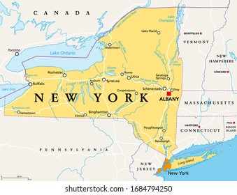 New York State (NYS), political map, with capital Albany, borders, important cities, rivers and lakes. State in the Northeastern United States of America. English labeling. Illustration. Vector. svg