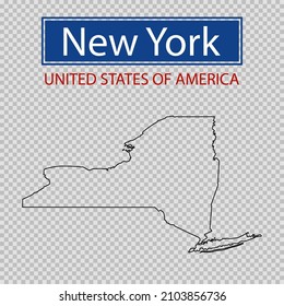 New York state outline map on a transparent background, United States of America line icon, map borders of the USA New York state.