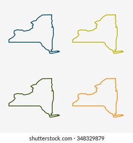 New York State Outline Set – Blue, Yellow, Green, and Orange Silhouettes on Black Background. A set of four stylized outline illustrations of New York State, each rendered in a different color: blue, yellow, green, and orange. These minimalist vector silhouettes are displayed on a black background and emphasize the geographic shape of the state. Ideal for use in educational materials, cartographic infographics, editorial layouts, and location-based design projects. Suitable for both commercial and editorial use across print and digital platforms.