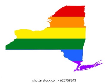 New York state pride gay vector map with rainbow flag colors. United States of America. 