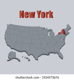 New York State Red On Map Of United States Of America. US Map 3d.