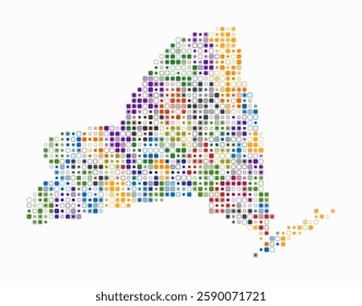 New York state shape built of colored cells. Digital style map of New York on a white background. Small size rounded square blocks. Creative vector illustration.