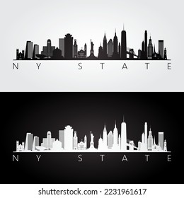 New York state skyline and landmarks silhouette, black and white design. Vector illustration.