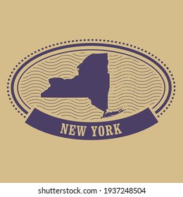  New York state stamp with map silhouette, NY state label, vector