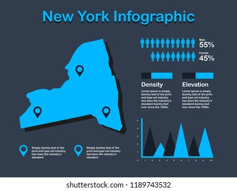 New York State (USA) Map with Set of Infographic Elements in Blue Color in Dark Background. Modern Information Graphics Element for your design.