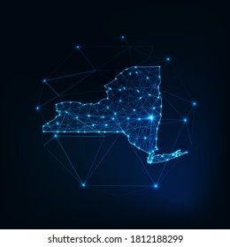 New York state USA map glowing silhouette outline made of stars lines dots triangles, low polygonal shapes. Communication, internet technologies concept. Wireframe futuristic vector illustration