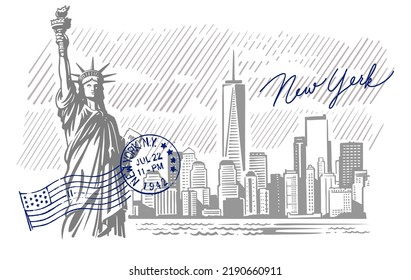 New York and Statue liberty  Drawing skyline