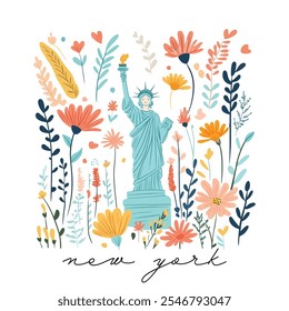 New York Statue of Liberty floral doodle illustration in hand drawn style