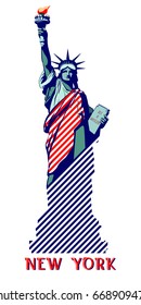 
New York, Statue of Liberty. The hand is a torch. USA. July 4, Business, street layout. Flat banner, vertical. 3D letter font. Red stripes, green illustration on a white background. vector
