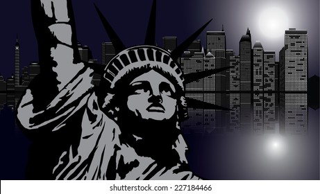 New York and Statue of Liberty in Night - vector