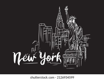 New York statue of Liberty vector hand-drawn illustration on black background 