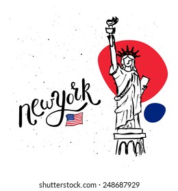 New York and the Statue of Liberty vector doodle sketch illustration with city text and national flag for a card template or travel brochure