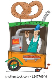 New York street food kiosk. Traditional fresh snacks and coffee. Urban lifestyle.