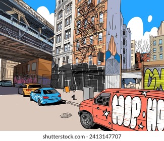 New York street painted with grafitti. USA. Hand drawn city sketch. Vector illustration.