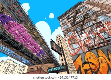 New York street painted with grafitti. USA. Hand drawn city sketch. Vector illustration.