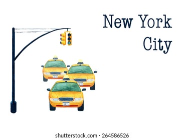 New York street scene with taxi cars, vector watercolor illustration