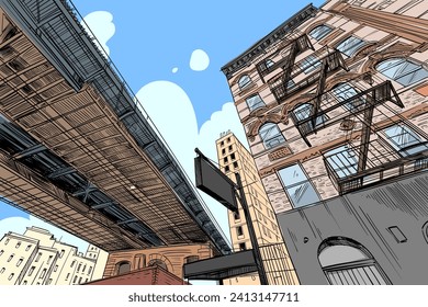 New York street. USA. Hand drawn city sketch. Vector illustration.