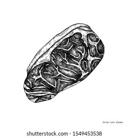 New York strip steak vector illustration. Raw meat top view drawing. Hand drawn short loin cut of beef.  Steak house, meat restaurant menu design element. Food for grill.