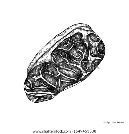 New York strip steak vector illustration. Raw meat top view drawing. Hand drawn short loin cut of beef.  Steak house, meat restaurant menu design element. Food for grill.