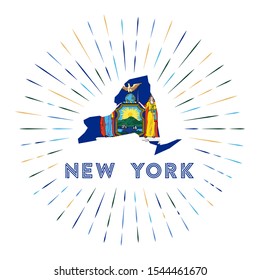 New York sunburst badge. The US state sign with a map of New York with the state flag. Colorful rays around the logo. Vector illustration.