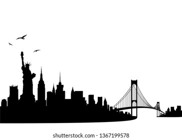 New York Sunset City Skyline Vector Illustration.