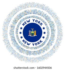 New York symbol. Radiant US state flag with colorful rays. Shiny sunburst with New York flag. Appealing vector illustration.