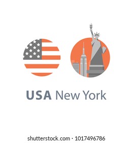 New York symbol, travel destination, famous landmark, statue of liberty, United States of America, English education concept, American language learning, vector icon, flat illustration