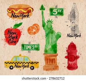 Símbolos de Nueva York dibujo acuarela con gotas y salpicaduras en un papel derrumbado, pretzel, estatua de la libertad, hidrante rojo, 5av.