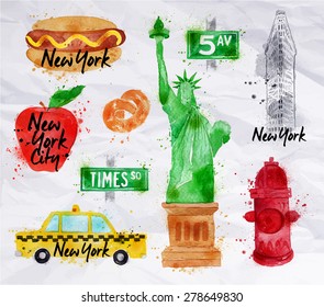 New York symbols watercolor drawing with drops and splash on a crumled paper, pretzel, statue of liberty, red hydrant, 5av.