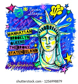 New York, t shirt design, poster, print, statue of liberty lettering, map, tee shirt graphics, trendy, dry brush stroke, marker, color pen, ink, watercolor. Hand drawn vector illustration.