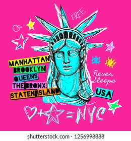 New York, t shirt design, poster, print, statue of liberty lettering, map, tee shirt graphics, trendy, dry brush stroke, marker, color pen, ink, watercolor. Hand drawn vector illustration.