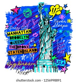 New York, t shirt design, poster, print, statue of liberty lettering, map, tee shirt graphics, trendy, dry brush stroke, marker, color pen, ink, watercolor. Hand drawn vector illustration.