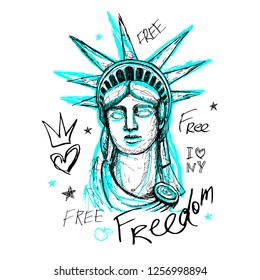 New York, t shirt design, poster, print, statue of liberty lettering, map, tee shirt graphics, trendy, dry brush stroke, marker, color pen, ink, watercolor. Hand drawn vector illustration.