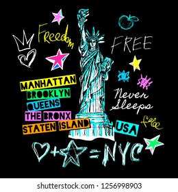 New York, t shirt design, poster, print, statue of liberty lettering, map, tee shirt graphics, trendy, dry brush stroke, marker, color pen, ink, watercolor. Hand drawn vector illustration.