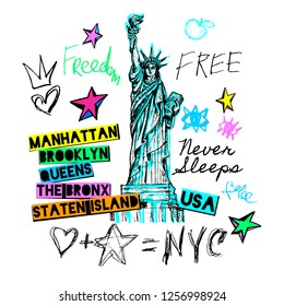 New York, t shirt design, poster, print, statue of liberty lettering, map, tee shirt graphics, trendy, dry brush stroke, marker, color pen, ink, watercolor. Hand drawn vector illustration.