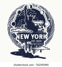 New York tattoo and t-shirt design. Big city statue of Liberty 