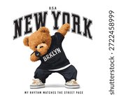 New York teddy bear vector illustration.Teddy bear vector hand drawn illustration cute print design for kids.College themed, cute animal graphic print for textiles. Teddy bear graphic. New York grunge urban style typography. Teddy bear drawing. Vector illustration design for fashion graphics, t shirt print.