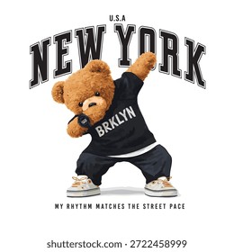 New York teddy bear vector illustration.Teddy bear vector hand drawn illustration cute print design for kids.College themed, cute animal graphic print for textiles. Teddy bear graphic. New York grunge urban style typography. Teddy bear drawing. Vector illustration design for fashion graphics, t shirt print.